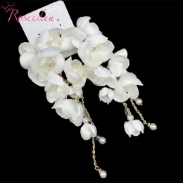 Küpe El Yapımı Beyaz Çiçek Gelin Küpe Düğün Takı Altın Renkli Kadınlar Damla Küpe RE4410