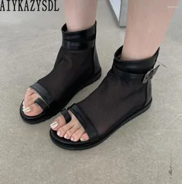 Sapatos casuais anel toe malha gaze verão bootie feminino respirável alta superior tornozelo botas de salto plano roma gladiador sandálias estudante