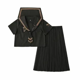 gótico JK Sailor Suit Mulheres Japonesas menina uniforme preto Curto / Manga LG Uniformes Escolares Saia Plissada LG Uniforme Universitário Set e6Hw #