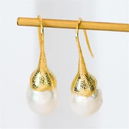 Dangle Earrings 11-12mm White Baroque Pearl 18K Gold Ear Drop Anniversary Minimalist Diamond Chandelier Clip-on Art Men Silver