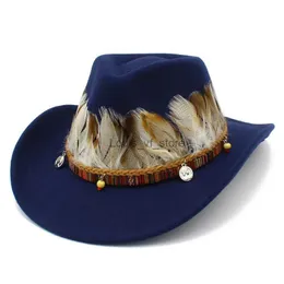 Cappelli a tesa larga Cappello da cowboy a secchiello e accessori con piume arricciate da cavaliere Jazz Sunset Travel Beach H240330