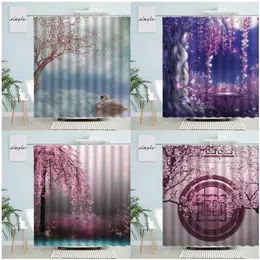 Cortinas de chuveiro fantasia floresta rosa flores cisne lago estilo chinês natureza paisagem tecido à prova d' água decoração de banheiro com ganchos