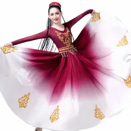 Xinjiang Uygur Abiti da spettacolo di danza Gonna grande altalena femminile Costume per minoranze adulte Pratica danza moderna Stage Outfit 01yd #