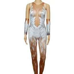 Sexy Rhinestes Macacão Mulheres Penas Brancas Impresso Bodysuit Boate Cantor Dança Outfit Rhinestes Stage Macacão Vestido y9ch #