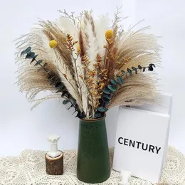 Natural Boho Dried Flowers Eucalyptus Bunny Tail Pampas Grass Fully Preserved Bouquet DIY Wedding Mothers Party Gift Room 240315