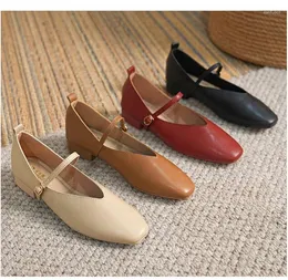 Casual Shoes Shallow Mouth Soft Leather Single Shoe Women's Vintage Buckle Low Heel Flat Bottom