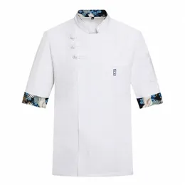 white Short Sleeve Chef Jacket Bakery Work Clothe Hotel Cook Uniform Restaurant Kitchen Overalls Cook Shirt Printed Embroidery F2Hp#