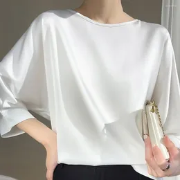 Women's Blouses Lightweight Thin Tops Chic O-neck Batwing Blouse Loose Fit Satin Shirt For Streetwear Smooth Solid