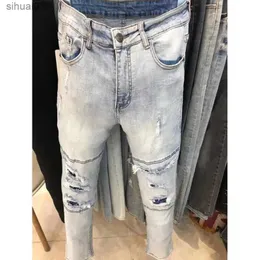 Erkekler Kot 2017 Hafif mavi bölünmüş iplik yırtılma yama iş kıyafetleri kot pantolon sokak giyim ultra ince elastik denim koni erkek motosiklet erkek jeansl2403