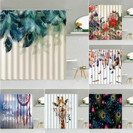 Shower Curtains Green Feather Leaf Curtain Chinese Style Bird Peacocks Flower Giraffe Dream Net Bathroom Decor Fabric Hooks Set