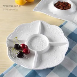 Plates Plain White Embossed Porcelain Divided Dishes Ceramic Seperate Snack Serving Bbq Buffet Fruit Candy