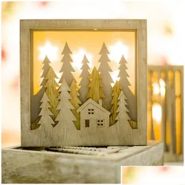 Jullekorationer trä LED -lampor Box Tree Elk Shape Light Wood Diy Crafs Pendants Ornament Home Closet Drop Delivery Garden Fe DH5KV