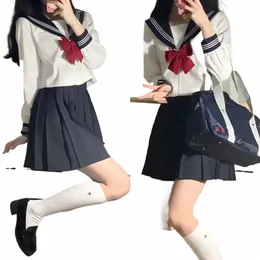 Japonês Uniforme Escolar Menina JK Terno Sexy Branco e Marinha Top Gravata Vermelha Branco Três Básico Uniforme de Marinheiro Conjunto Saia Plissada Mulheres h3y4 #