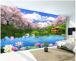 Wallpapers personalizado po 3d quarto papel de parede linda flor de cerejeira lago tv fundo murais de parede para paredes 3 d