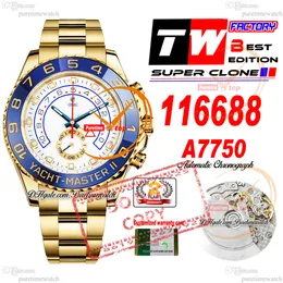 44 mm 116688-0001 A7750 Automatik-Chronograph Herrenuhr TWF 18 K Gelbgold blaue Keramiklünette weißes Zifferblatt 904L-Stahlarmband Super Edition Karte derselben Serie Puretime