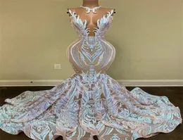 2022 Sexig Sparkly paljetter Olive Green Mermaid African Prom Dresses Black Girls Jewel Neck Illusion Long Graduation Dress Plus Size2513358