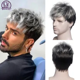 Wigs MSIWIGS Men Short Straight Wig Ombre Grey Brown Synthetic Wig White for Male Hair Fleeciness Realistic Natural Headgear