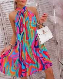 Basic Casual Dresses Women Loose Summer Fashion Mini Dress Abstract Print Slveless Pleated Casual Dress Halter Neck Sexy T240330