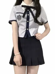 Japonês estudante jk uniforme escolar verão doce kawaii conjunto vintage bonito meninas camisa azul marinho e mini saia plissada conjunto k0z7 #