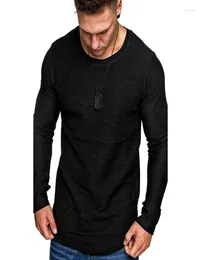 Herren039s T-Shirts Stil Herbst Schöner einfarbiger runder Kragen mit abgerundetem Saum Kleines gestückeltes Lederdesign Langarm-T-Shirt 4666461