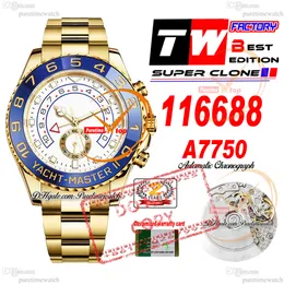 44mm 116688 A7750 Cronógrafo Automático Relógio Masculino TWF 18K Ouro Amarelo Azul Moldura de Cerâmica Mostrador Branco Pulseira de Aço 904L Super Edição Cartão da Mesma Série Puretime f2