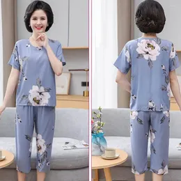Home Clothing Grandmother Sleepwear Set Elegant Mid-aged Women's Pajama With Flower Print Short Sleeve Top Wide Leg Pants For Mother