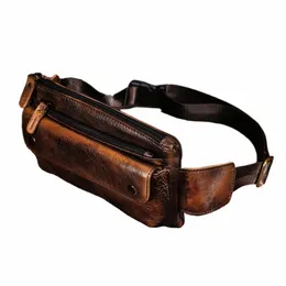 Cowhide Leather Men Casual Fi Travel Fanny Midjebältespåse Chest Sling Bag Design Bum 7 "Phe Case Pouch Male 8136-G D3QL#