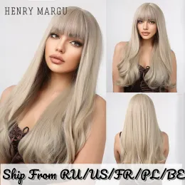 Perücken HENRY MARGU Lange gewellte platinblonde synthetische Perücken für Frauen, natürliches Haar mit Pony, tägliche Cosplay, hitzebeständige gerade Perücke