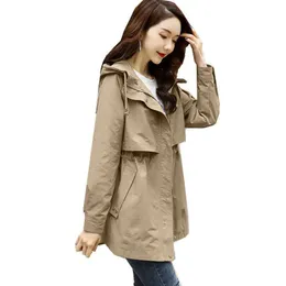 Womens Casual Windbreaker Jackets Mid-length Casaco Feminino Spring Autumn Loose Waist Hooded Coat Outerwear Female 240318