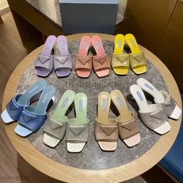 Silk rhinestone decorative slippers mules metal triangle buckle Embellished 6.5cm Mid-heel square toe open toe sandals women's luxury designer slipper 35-42 with box