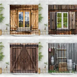 シャワーカーテンヴィンテージ木製パネルカーテンファーム納屋ドア窓の風景ビッグベンレッド電話ブースゴールデンゲートブリッジバスルームの装飾