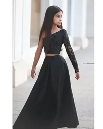 Mütevazı Dantel Küçük Kızlar Pageant Elbiseleri İki Parça Bir Omuz Boncukları Siyah Çiçek Kız Elbise Çocuk Gençler Partisi Ucuz Özelleştir