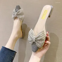 Sıradan Ayakkabı Peri İnci Bowknot Slingback Clear Band Sandals Kadınlar Kapak Toe Mules Patchwork Kristal Femme Sandalias2024