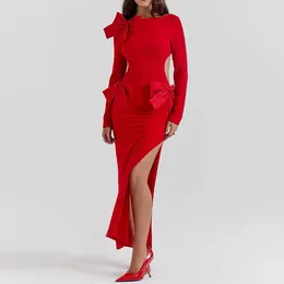 Abiti casual BKLD Abito rosso Abbigliamento donna 2024 Inverno Sexy Aperto sul retro Decorazione dell'arco Manica lunga con spacco alto Bodycon Party Clubwear