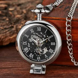 Relógios de bolso gorben capa transparente relógio mecânico automático masculino retro casual esqueleto dial prata mão vento fob corrente