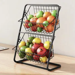 Kitchen Storage 2 Tier Iron Fruit Basket For Counter Bread Vegetable Holder Wire Hanging Sink Stand Organizer Matte Black
