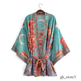 Kimono Moon Print Thin Style Summer Women Kimono Shirts Fashion Open Front Drop Shoule Female Loose Bluses With Sashes 349