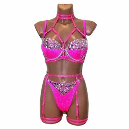 fluorescence Pink Rhinestes Bikini Pole Dance Costume Nightclub Bar Gogo Dancer Performance Wear Dj Ds Rave Outfit VDB7575 o2yX#