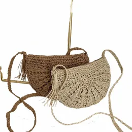 nuove borse di paglia a metà tondo per le donne Borsa estiva in rattan da spiaggia Borsa a tracolla intrecciata a metà Mo intrecciata Bohemia H9v1 #