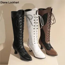 Boots Women Victorian Pointed Toe Midcalf Boots Leather Lace Hollow Out Punk Lace Up Strange Steampunk High Heel Shoes Plus Size3243