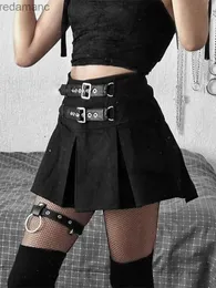 スカートスコルツHouzhou Harajuku Gothic Mini Skirt女性ハイウエストプリーツスカートAラインベルトブラックパンクY2K衣装Eガールストリートウェア240330