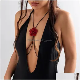 Chokers Elegant Y Korean Veet Big Rose Flower Cross Breast Belly Body Chain Necklace For Women Summer Bikini Jewelry Accesso Dhgarden Dhp6F