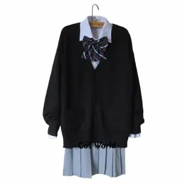 preppy Style Student Class Japan JK High School Uniform Winter Black V-Neck Cardigan Gray Pleated Skirt Shirt Suits t7VK#