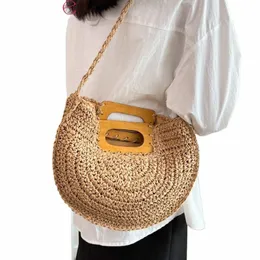 Gureure Fi Weaving Straw Bag Girls Knited stor kapacitet Handväskor Trähandtag kvinnor avslappnad crossbody väska strand shoppare totes 97cj#