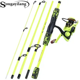 Combo Sougayilang portátil 5 seções vermelho/amarelo vara de pesca combo 170cm vara de pesca e 1000 2000 3000 conjunto de carretel giratório