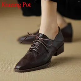 أحذية غير رسمية krazing pot ins sheep جلد منخفض الكعوب الربيع الدانتيل لأصبع القدمين stee brogues النساء سيدة الفاخرة العميقة الفم الترفيه