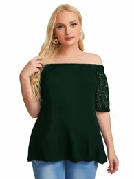 Plus Size Elegante estate patchwork di pizzo mezza manica Top donna verde nerastro sexy Sl collo T-shirt Tee Plus Size Abbigliamento 7XL r71e #