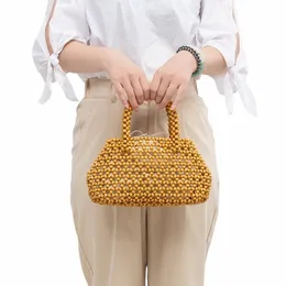 summer Handmade Beach Small Square Bag Woven Wood Bead Design Commuter Handbag Hollow Out Tote for Women Ladies Clutch Purses s92x#