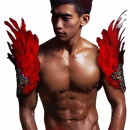 stage Performance Rhineste Feather Shoulder Ornament Red White Arm Gloves DJ Women Male Gogo Dance Accories Show Costume K7X2#