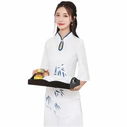 chinoiserie Uniforme Mulher Estética Beleza Sal Spa Hotel Atendente Massagem Manicure Esteticista Café Duas peças Workwear w2YH #